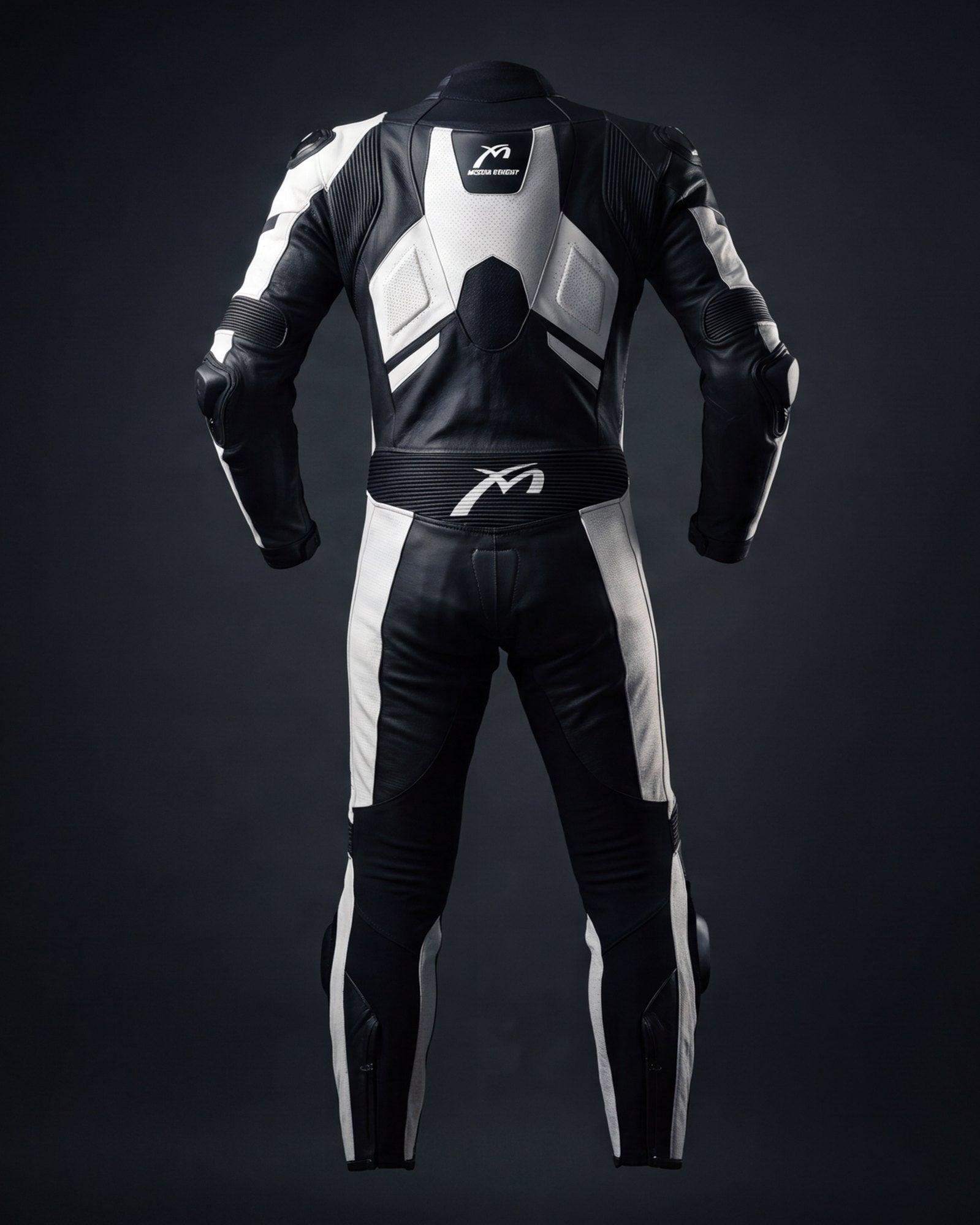Black one-piece leather race suit — back