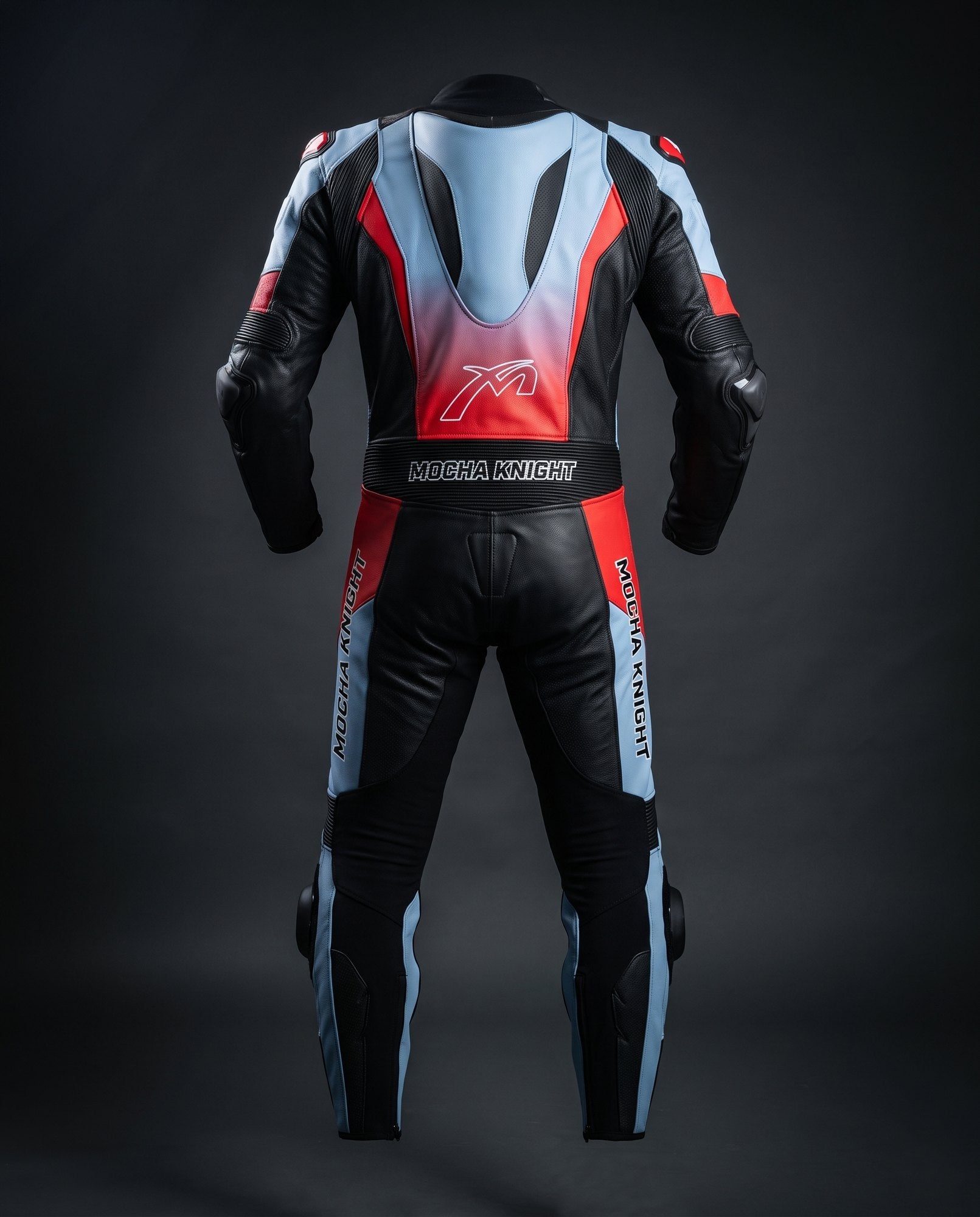 Red and cyan one-piece leather race suit — back
