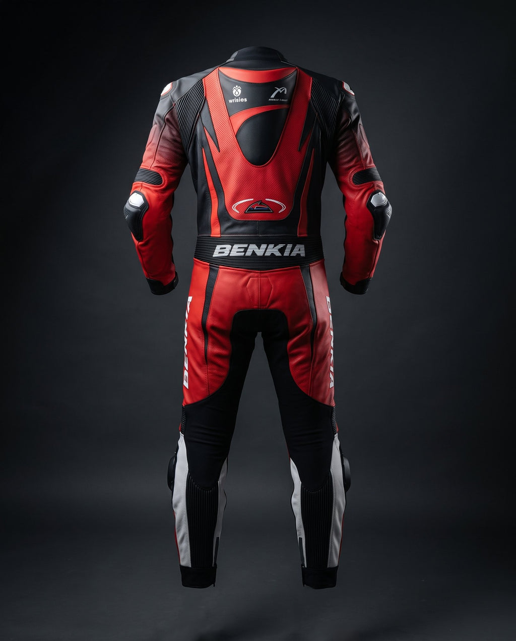 Red one-piece leather race suit — back