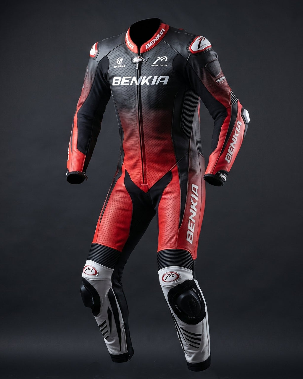Red one-piece leather race suit — front